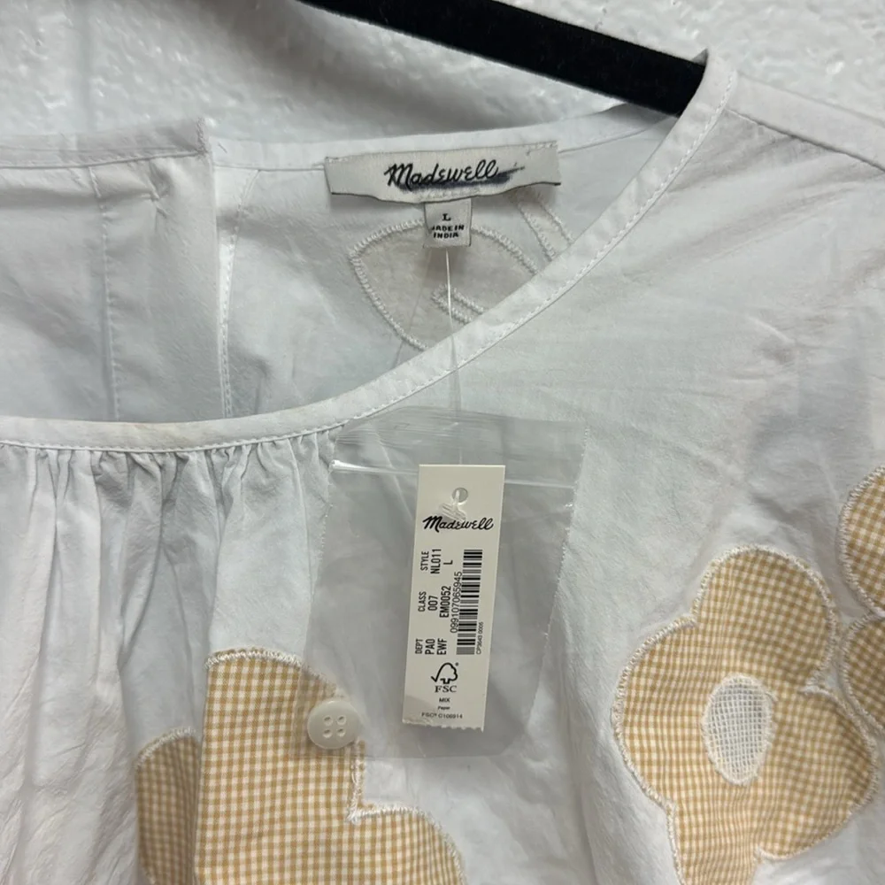 Madewell White and Yellow Crop Blouse with Puff Sleeves and Tie Front